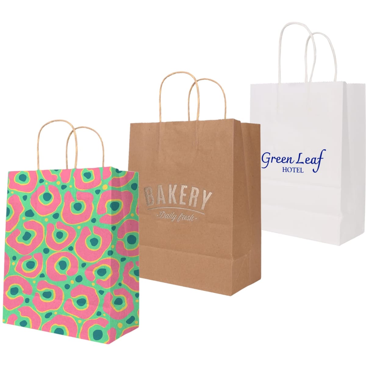 A selection of kraft paper bags in various designs and colours, featuring twisted handles and logos.