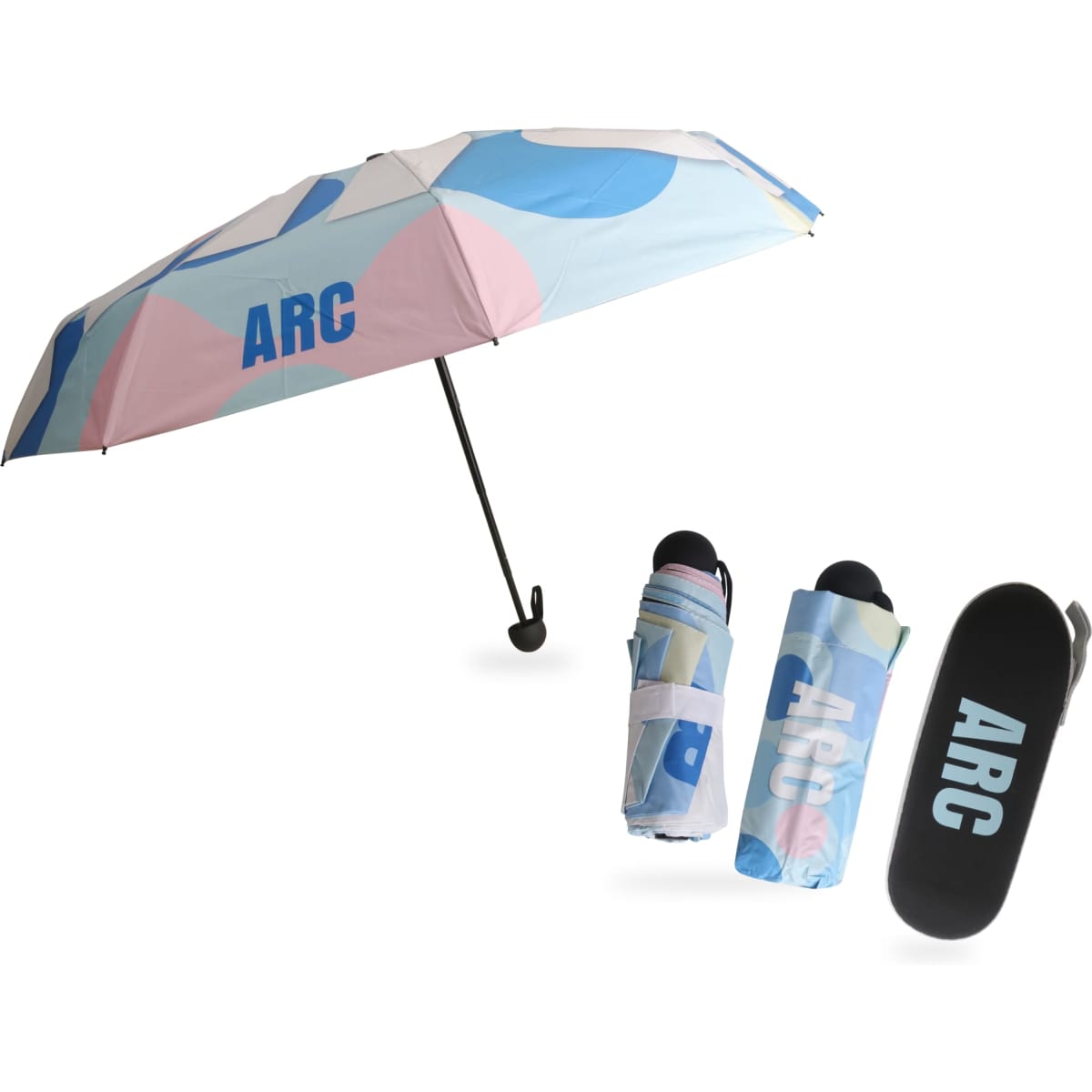 A mini folding umbrella in pastel colours, featuring a case with a logo. The umbrella is open, displaying its design.