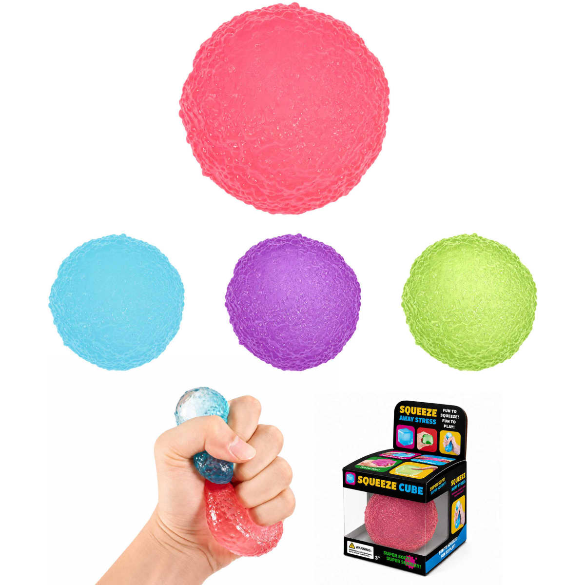 A selection of squishy stress relief mini balls in pink, blue, purple, and green, with packaging displayed.