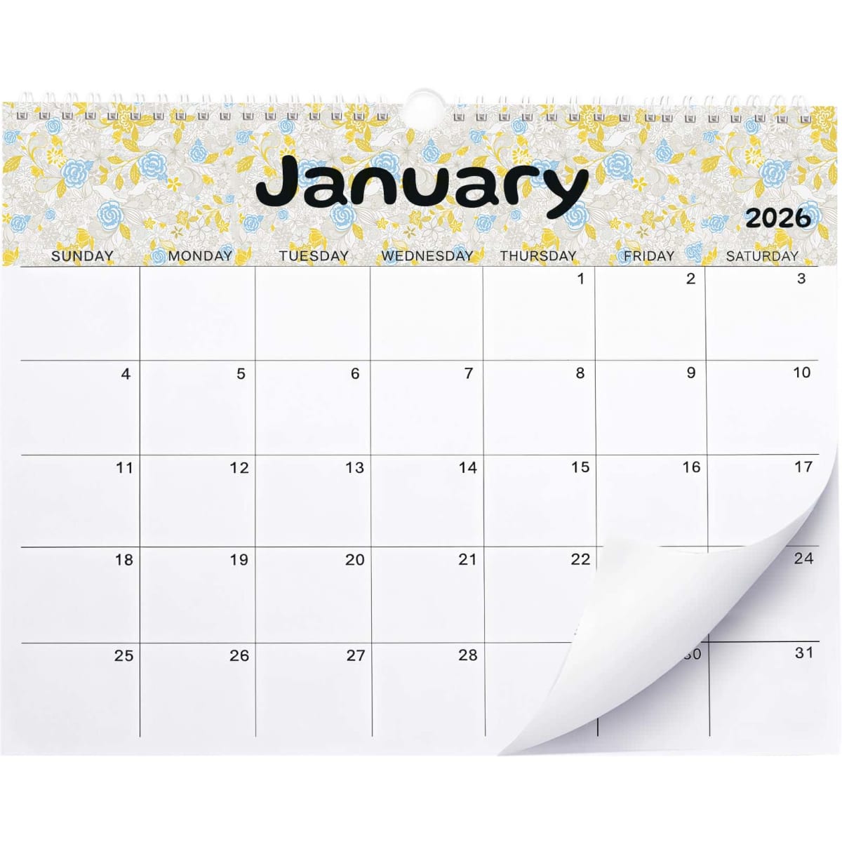 A horizontal wall calendar for January 2026, featuring floral designs and a white background. It includes a logo at the top.