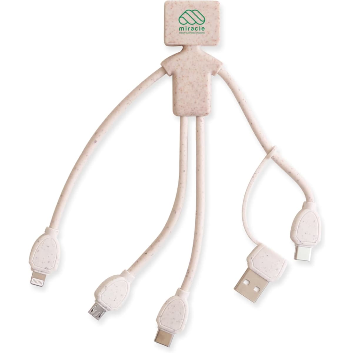 A wheat straw charging cable shaped like a man, featuring multiple connectors in a light beige colour. It has a logo.