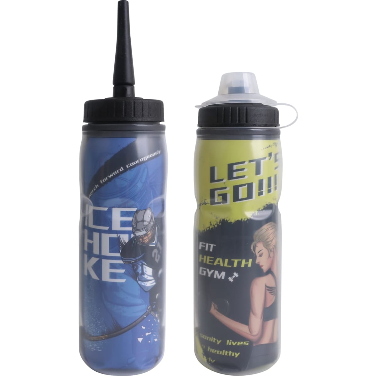 A drink bottle duo featuring a blue and black design with a nozzle, and a green and yellow design, both with logos.