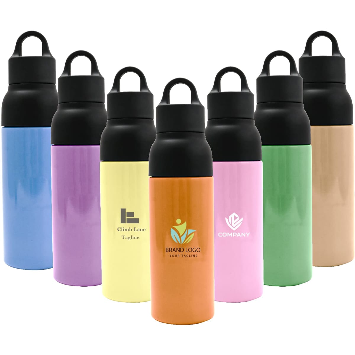 A drink bottle collection featuring various colours, including blue, purple, yellow, pink, green, and a metallic finish. Each has a logo.