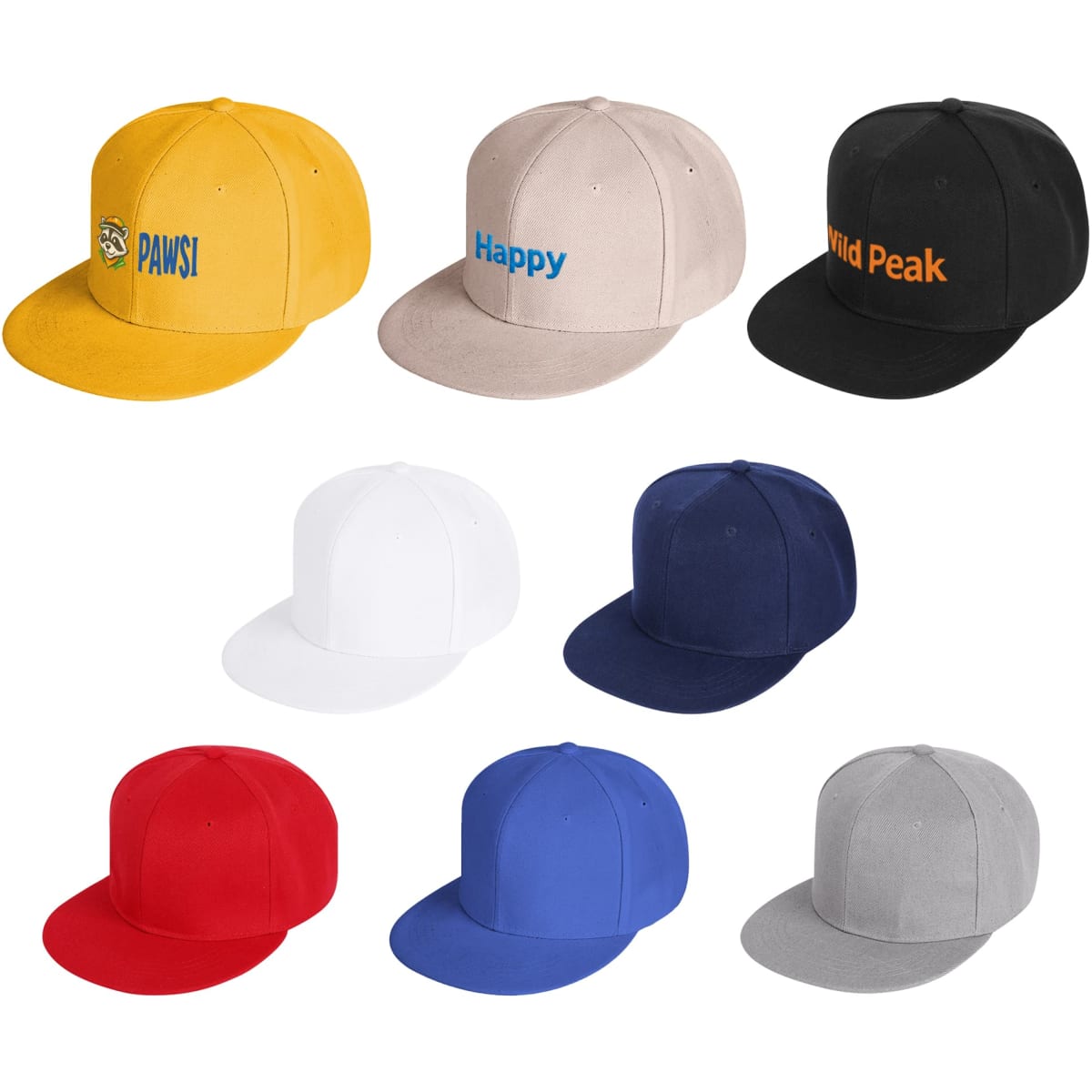A collection of six 6 Panel Trucker Caps in yellow, beige, black, white, red, navy, and blue, each with a logo.
