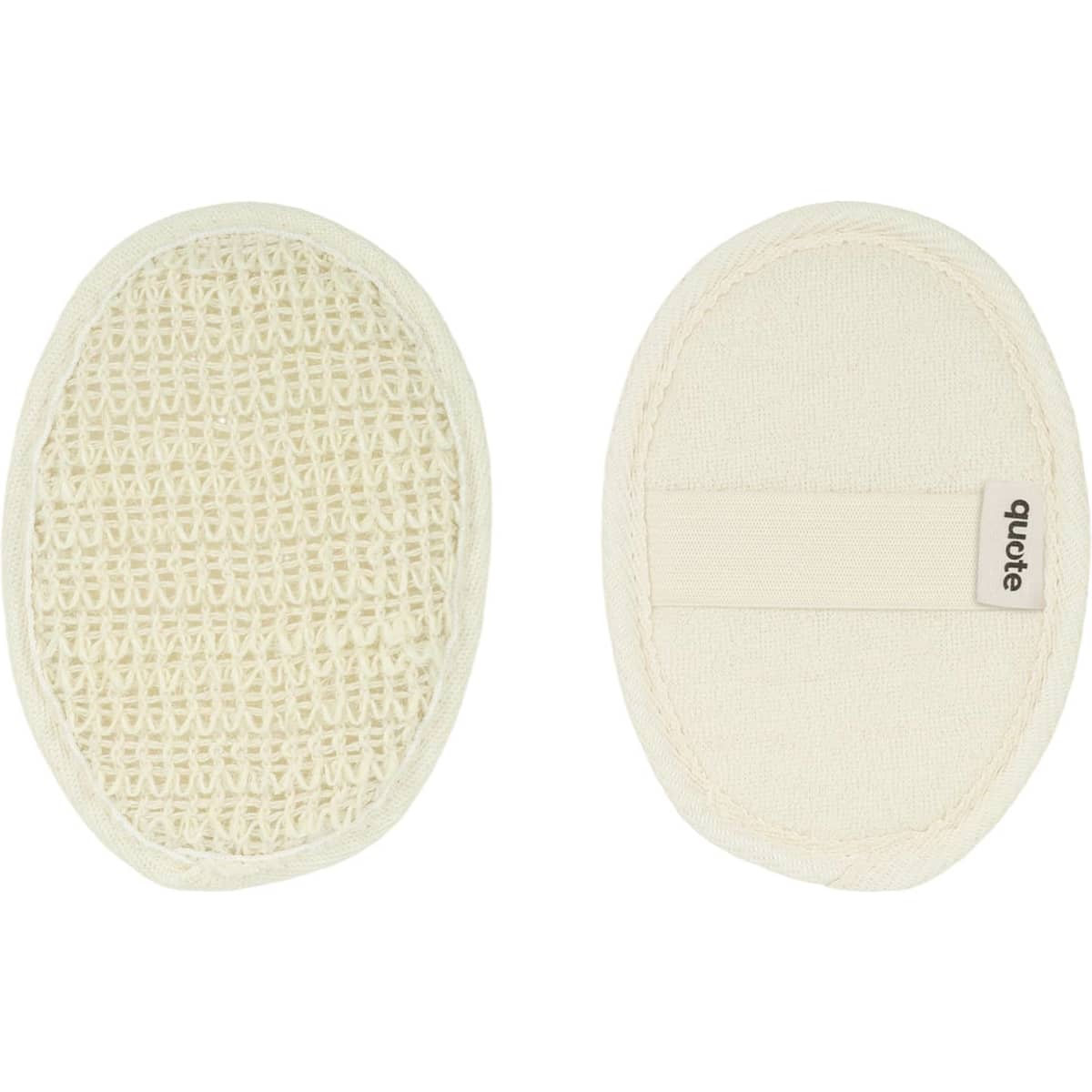 A natural cotton linen bath sponge pad in a cream colour, featuring a textured side and a smooth side with a strap.