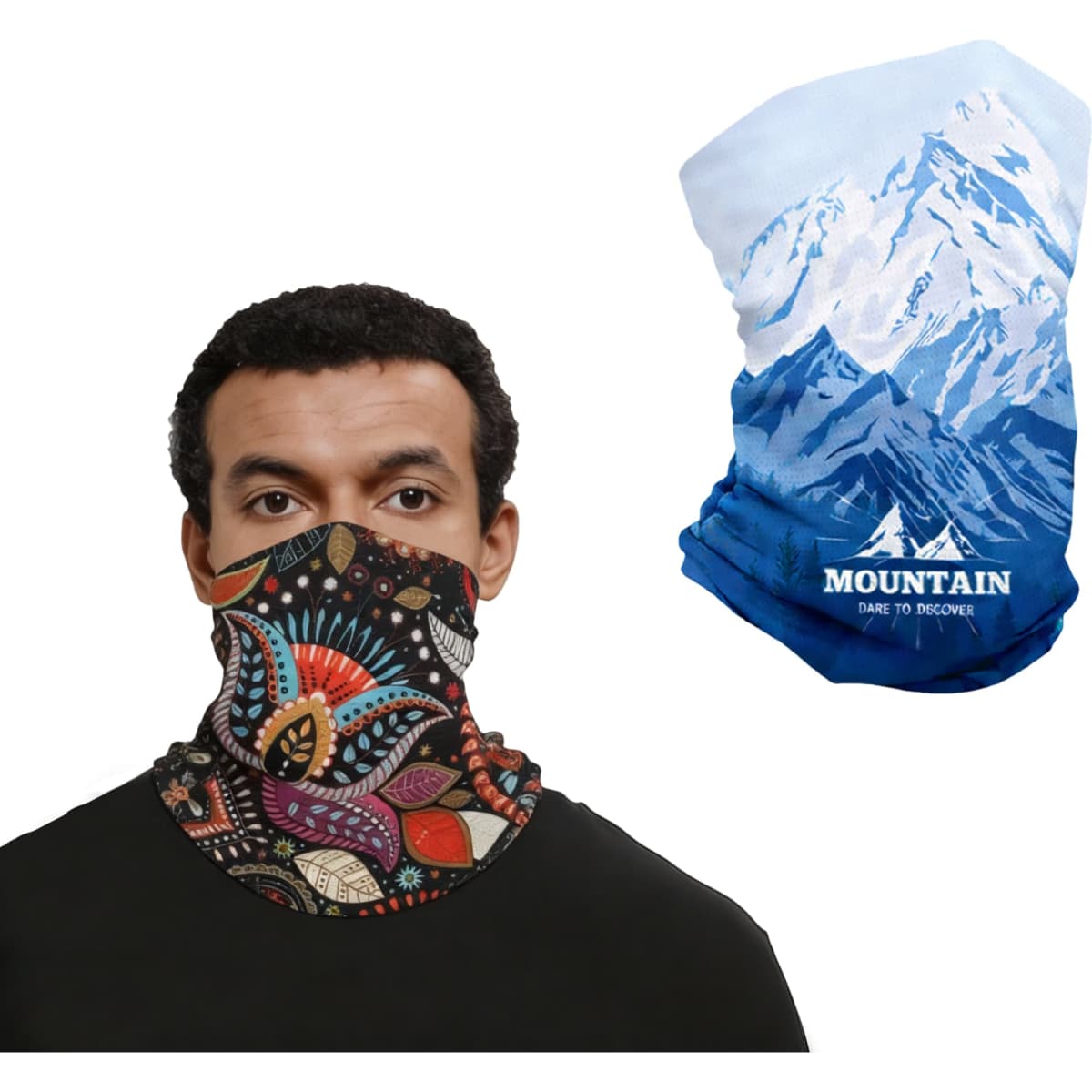 A neck gaiter featuring a vibrant multicoloured pattern alongside a blue and white mountain design, with branding.