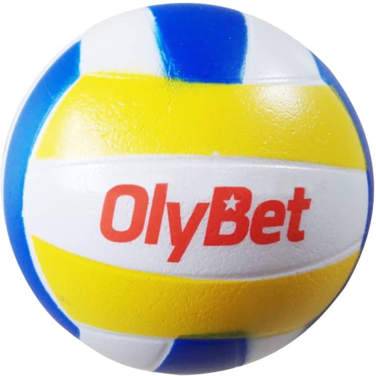 A volleyball-shaped stress reliever in blue, yellow, and white, featuring a logo on its surface.