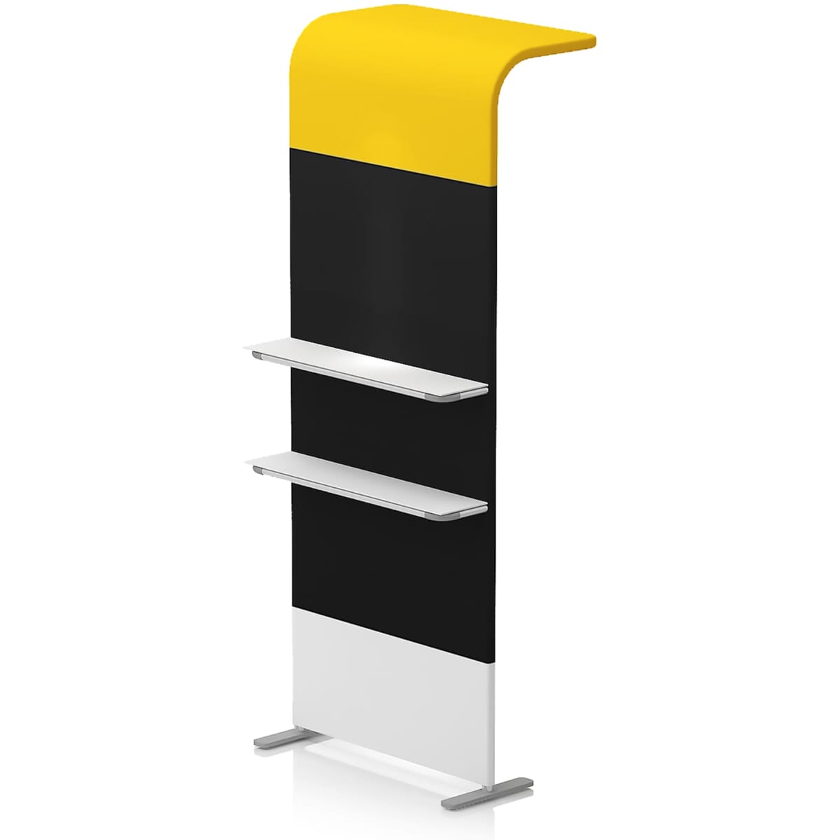 A promotional display stand featuring black, yellow, and white colours with three shelves for products.