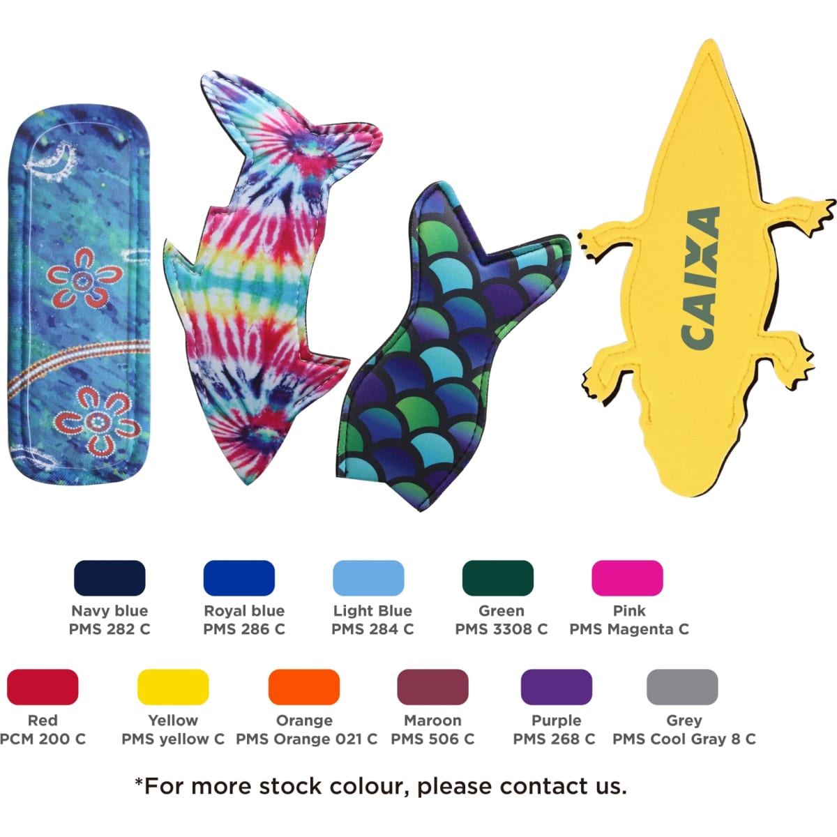 Four colourful Icy Pole Holders in designs featuring a fish, a lizard, and a skateboard, with a logo on one.