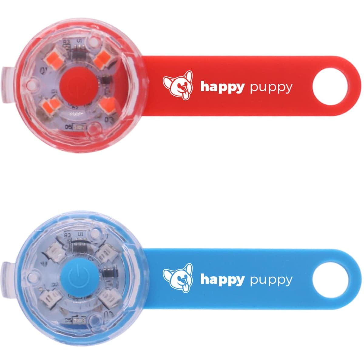 A red and blue LED pet collar light with a circular design and a handle, featuring a logo on the side.