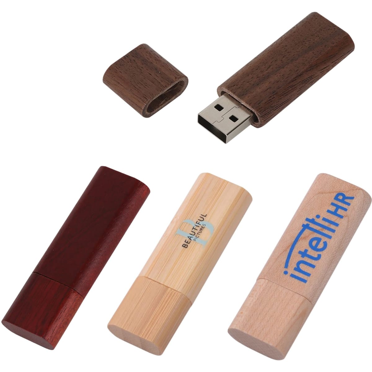 A set of rounded wooden flash drives in various natural wood tones, including a dark brown, light wood, and a red shade.