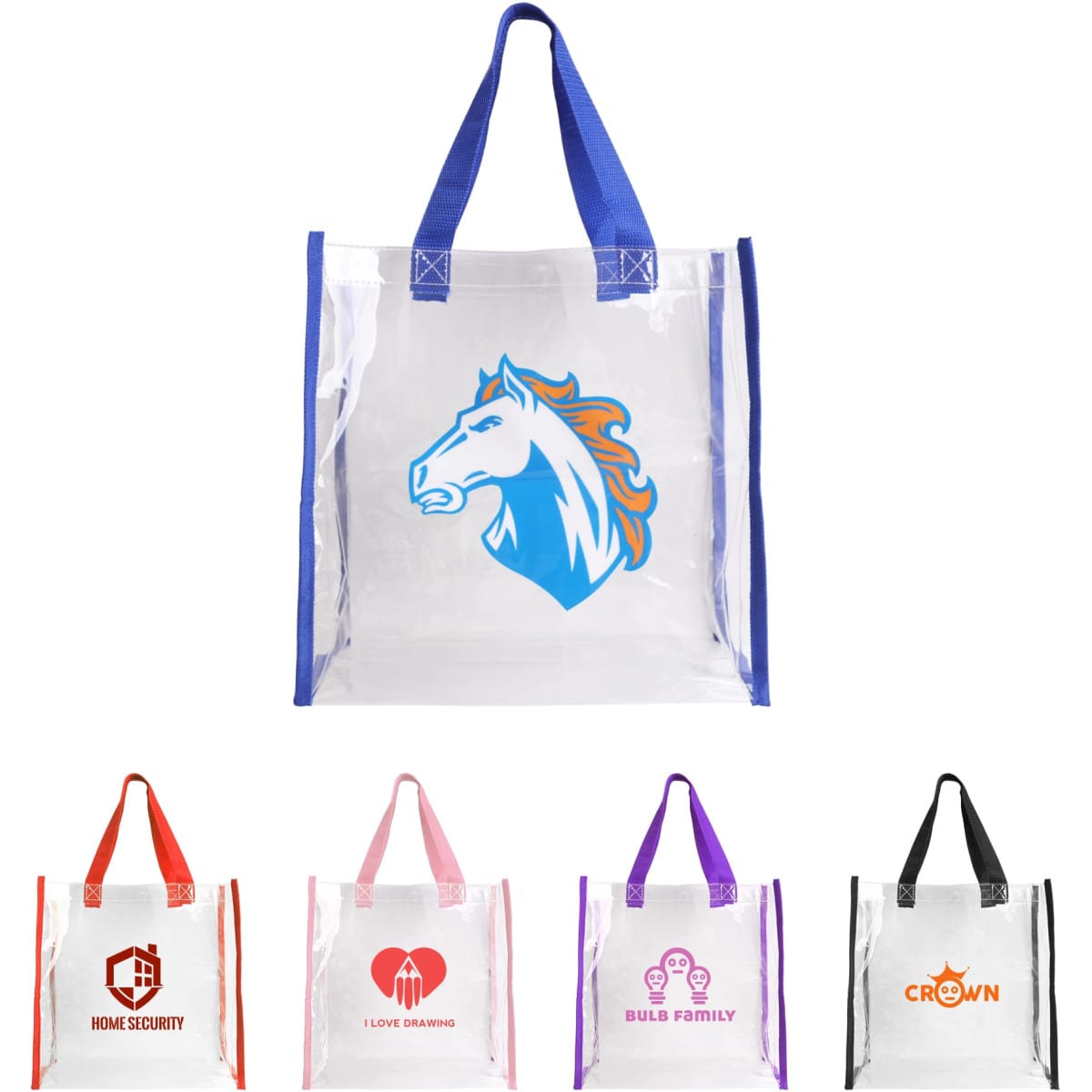 A clear tote bag with blue handles and a logo. Four additional clear tote bags in various colours with different designs.