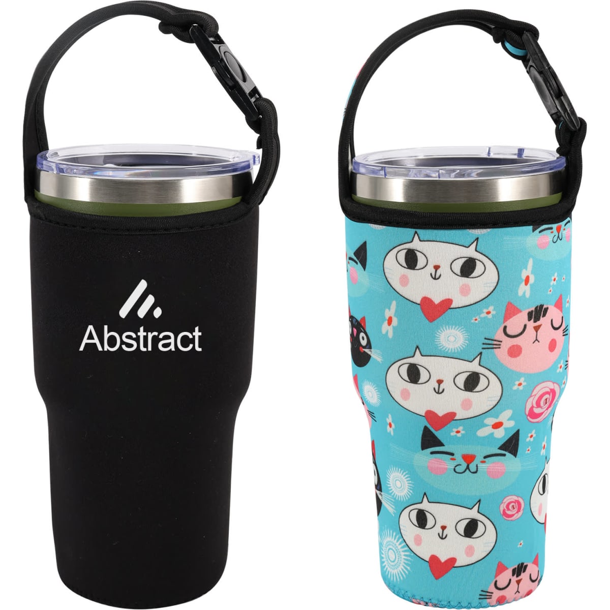 A drink bottle holder pouch in black with a logo and a colourful design featuring cats on a blue background.