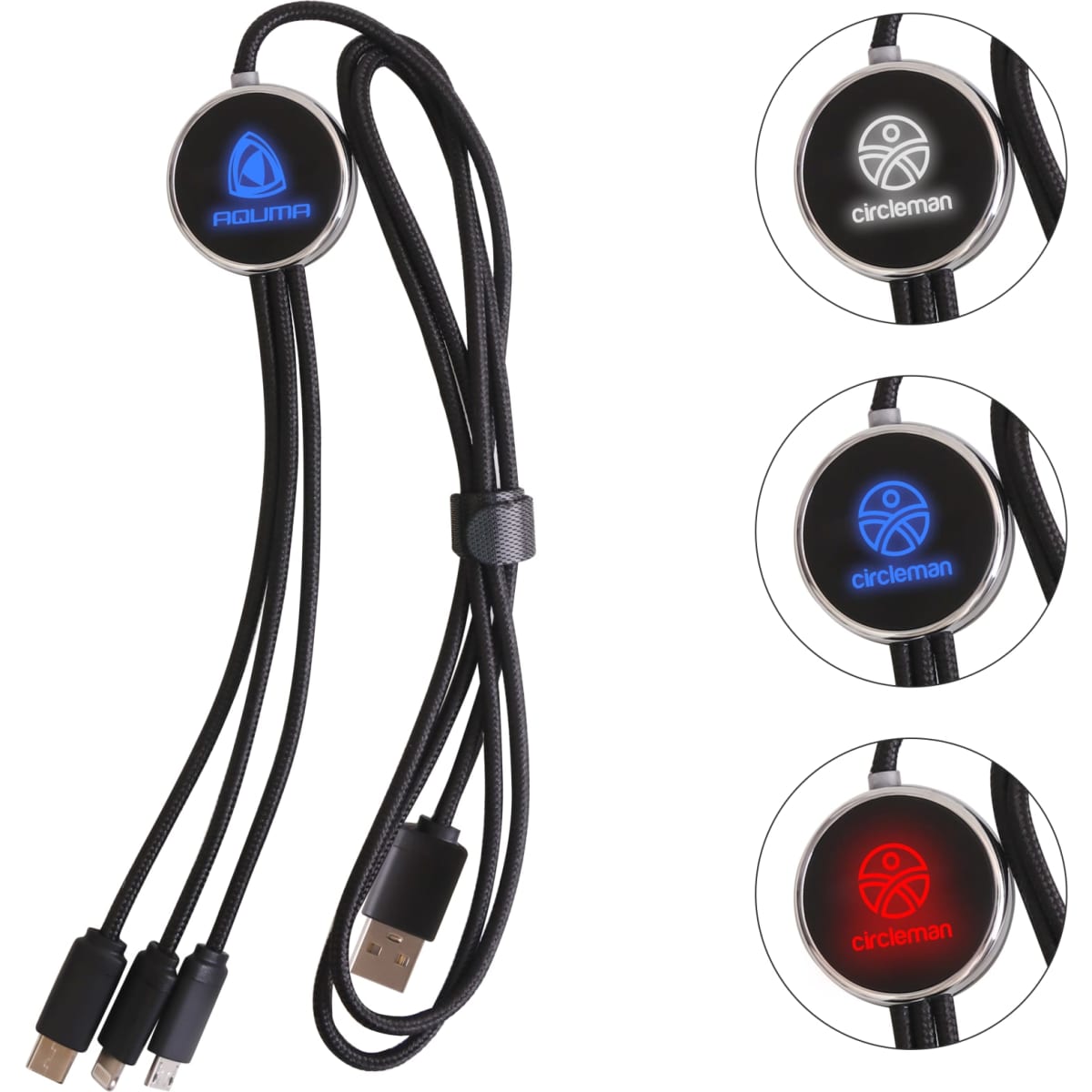 A 3-in-1 charging cable with a black braided design, featuring three connectors and a circular illuminated logo.