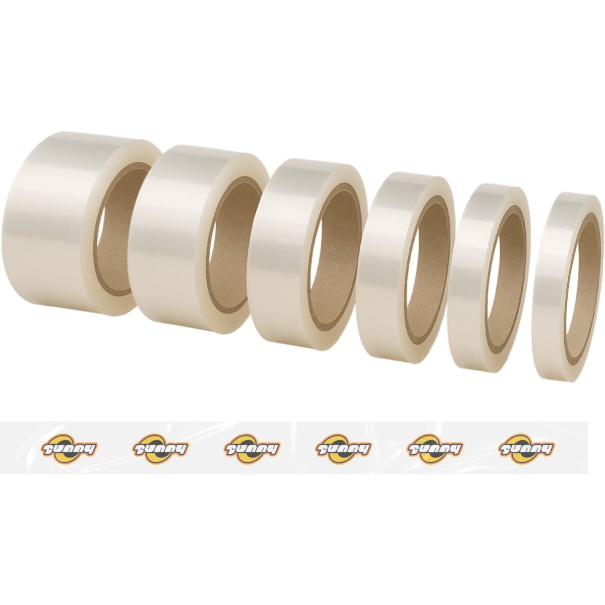 A series of transparent BOPP packaging tape rolls in varying widths, showcasing a smooth, glossy finish.
