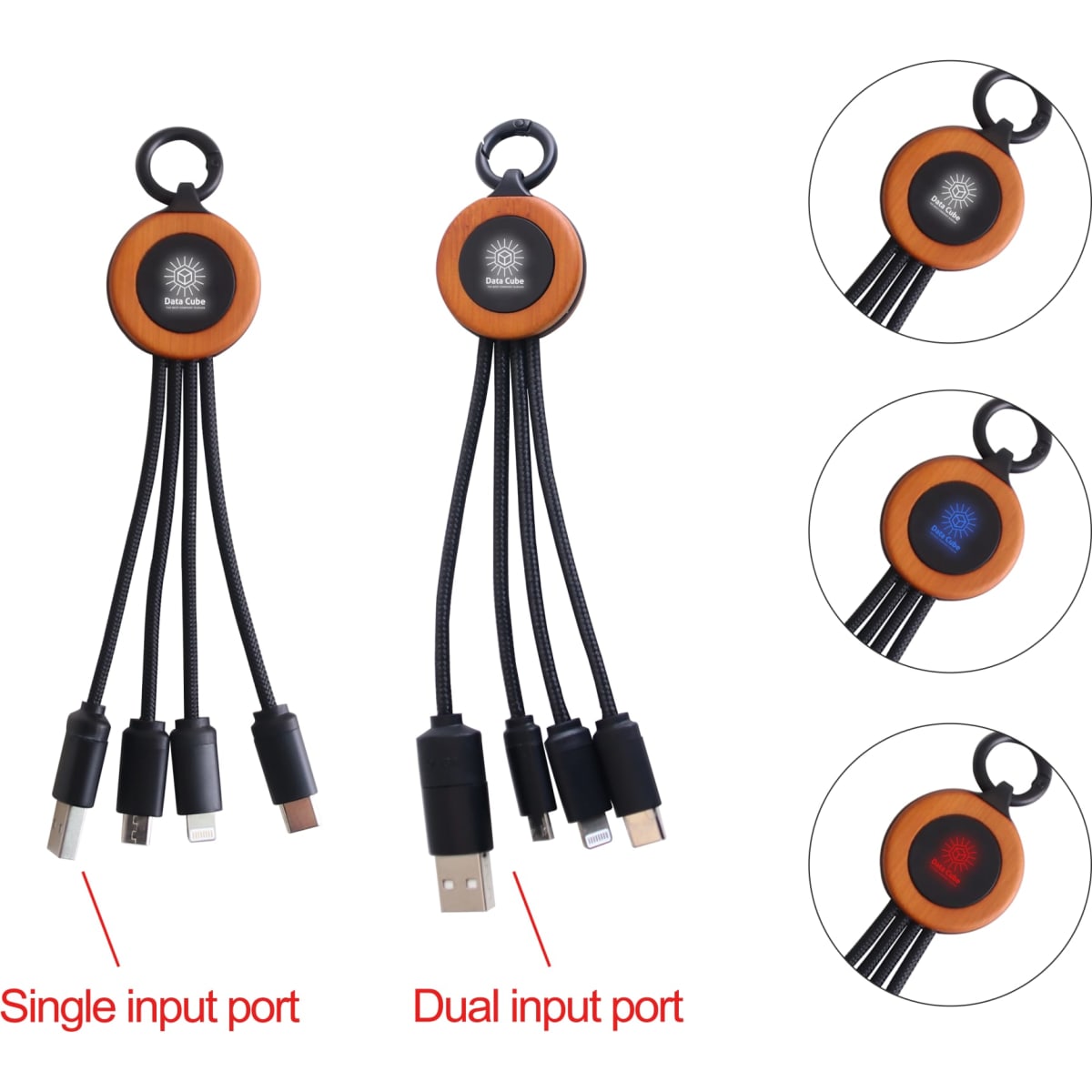 A round light-up charging cable in orange and black, featuring single and dual input ports with a logo.