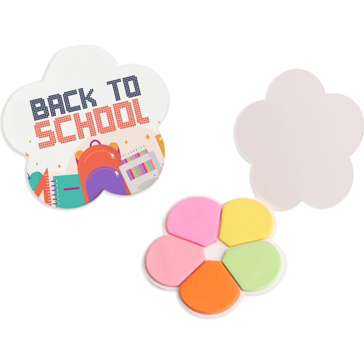 Flower-shaped sticky notes in pink, orange, yellow, and green, presented in a coordinating flower-shaped holder.