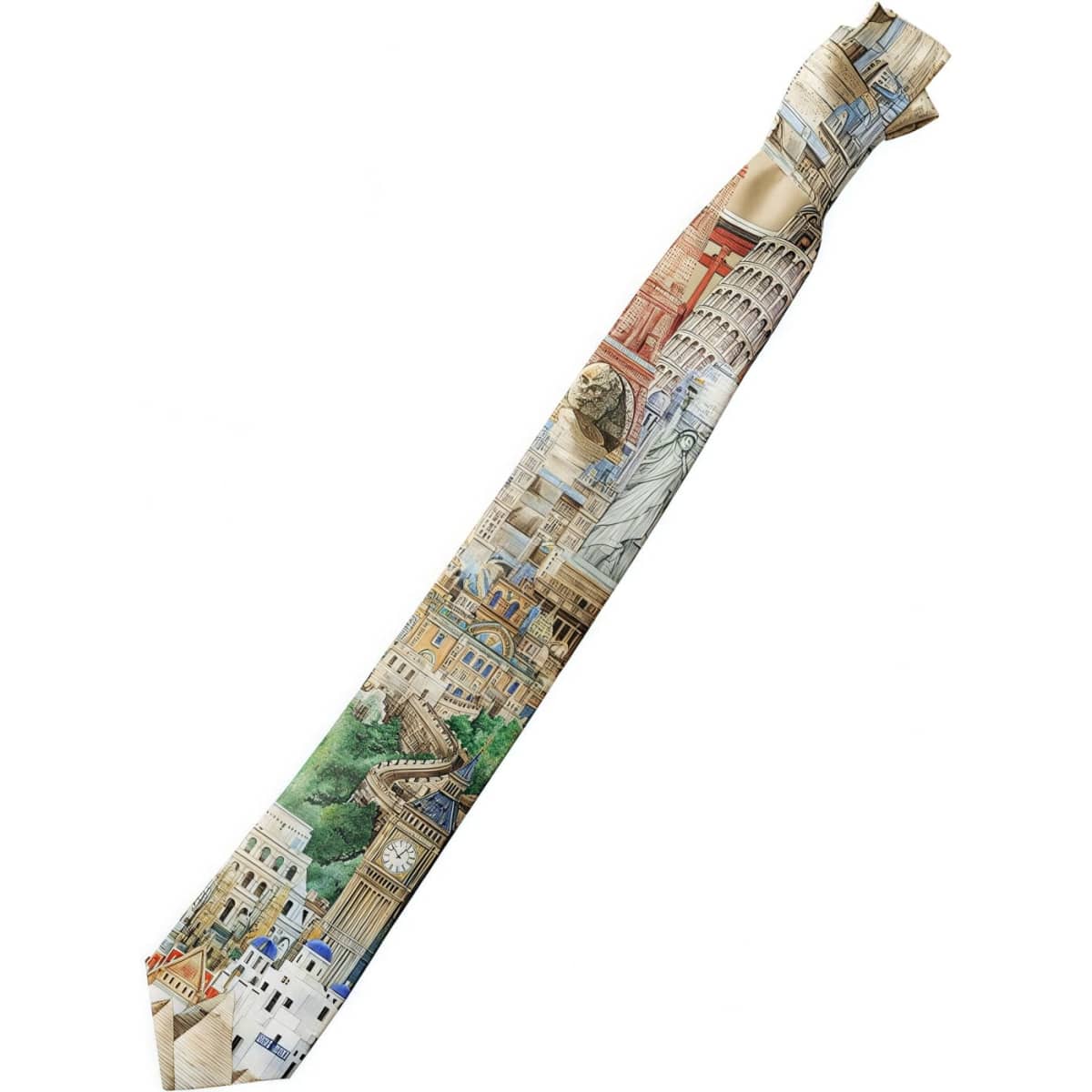 A printed tie featuring a vibrant collage of famous landmarks in various colours. The tie has a logo.