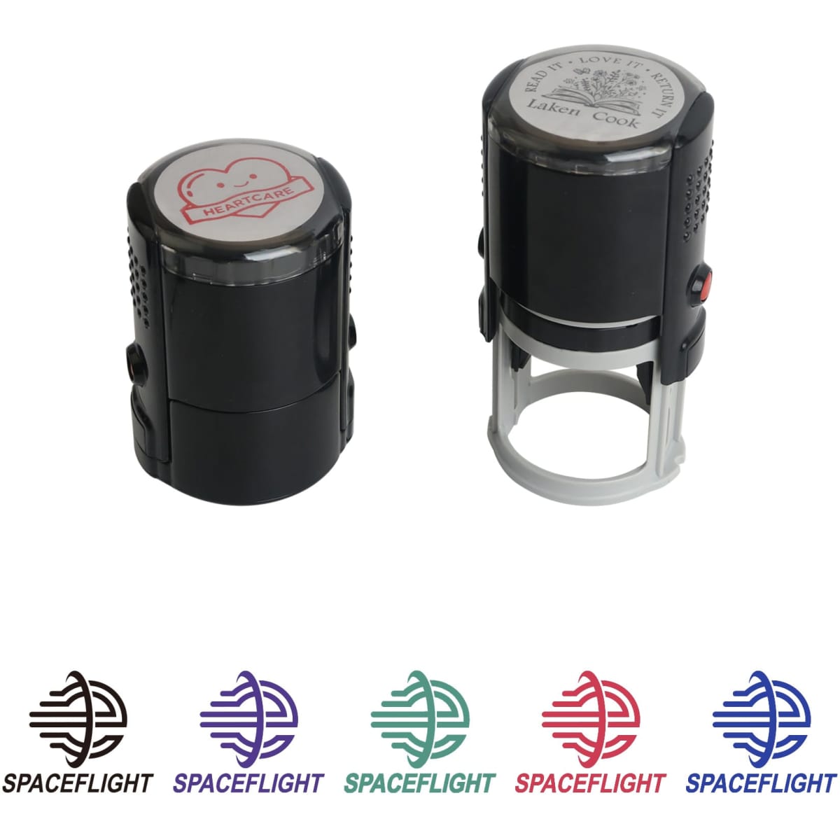 A black custom self-inking stamp with a circular top, featuring a heart design and a logo.