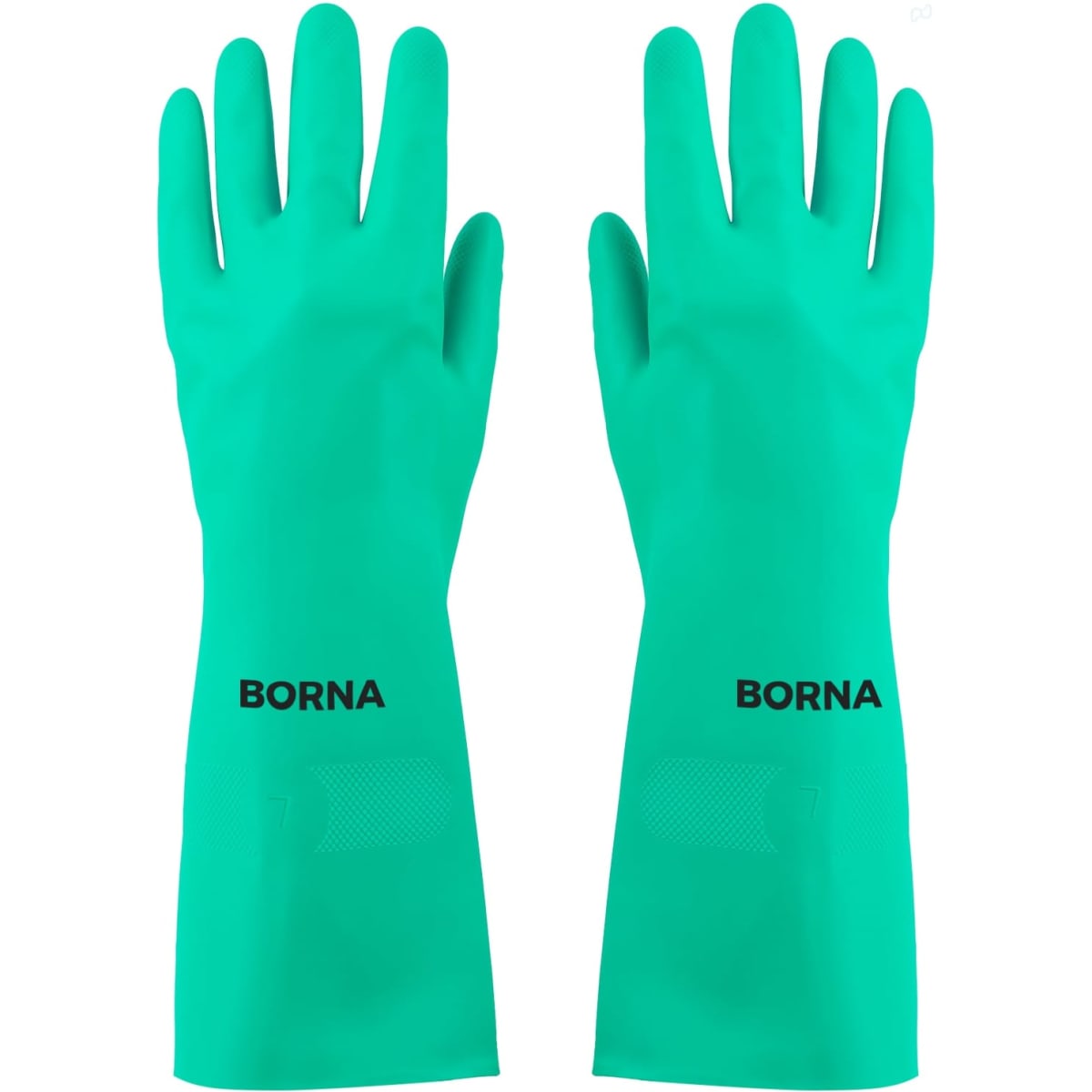 A pair of green reusable nitrile gloves with a logo on one side, designed for cleaning tasks.