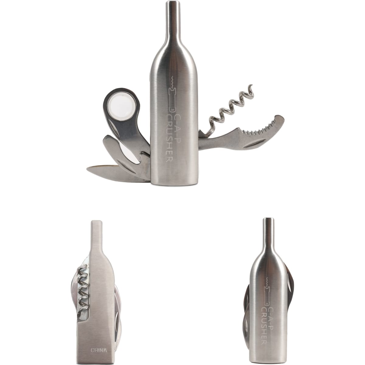 A drink bottle opener in a wine bottle design, featuring stainless steel with multiple tools including a corkscrew and bottle opener.