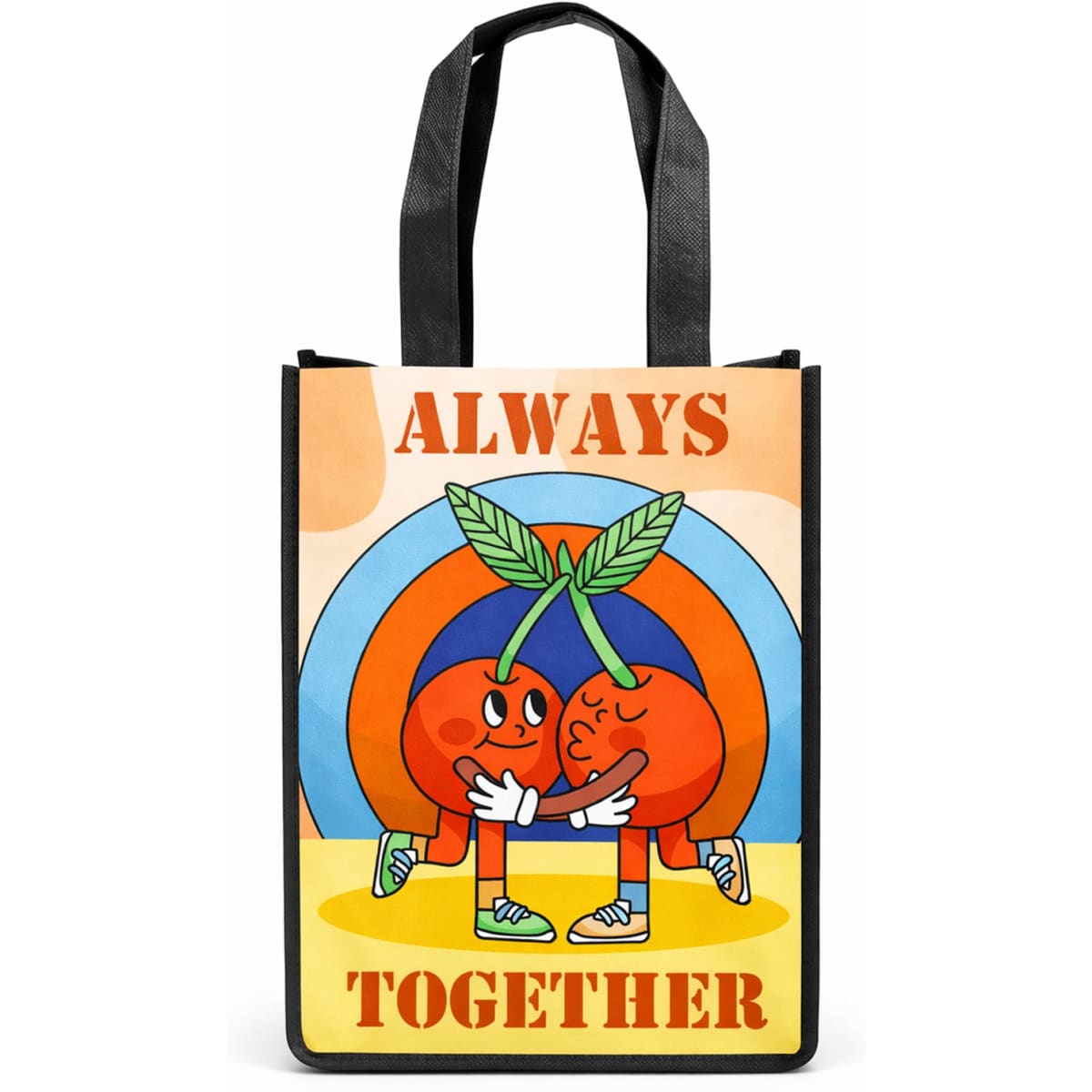 A small tote bag featuring a vibrant design of two cherries with arms and legs, surrounded by a colourful background.