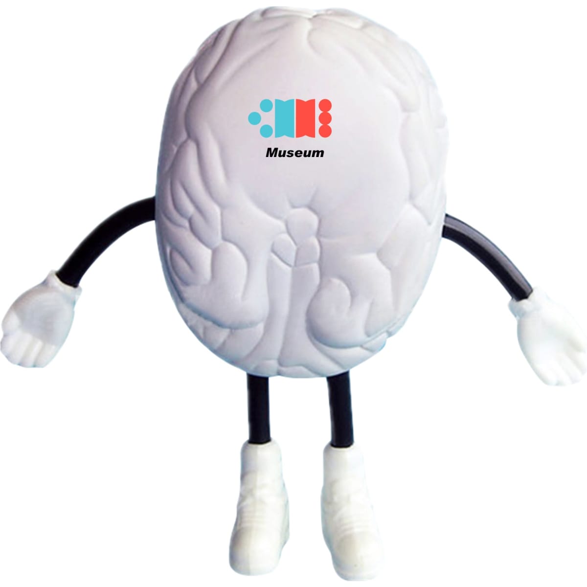 A white stress reliever shaped like a brain, with black arms and legs, wearing white shoes, and featuring a logo.