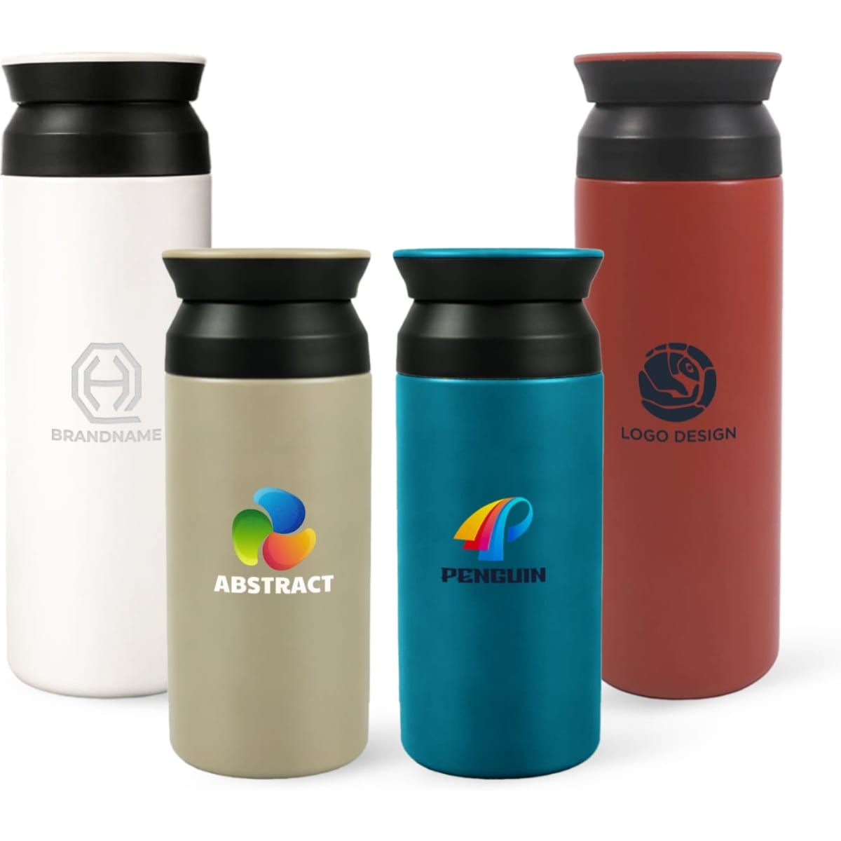 A drink bottle collection featuring four double wall stainless steel bottles in white, beige, turquoise, and red, each with a logo.