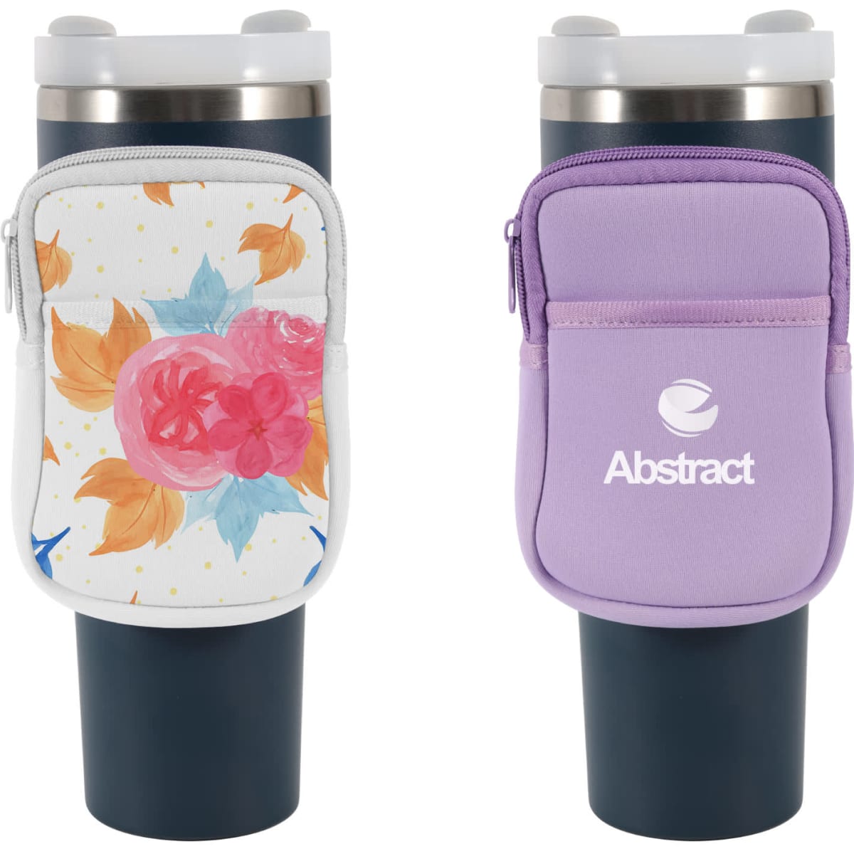 A drink bottle pouch for Stanley in floral and purple designs, featuring zippers and branding on one side.