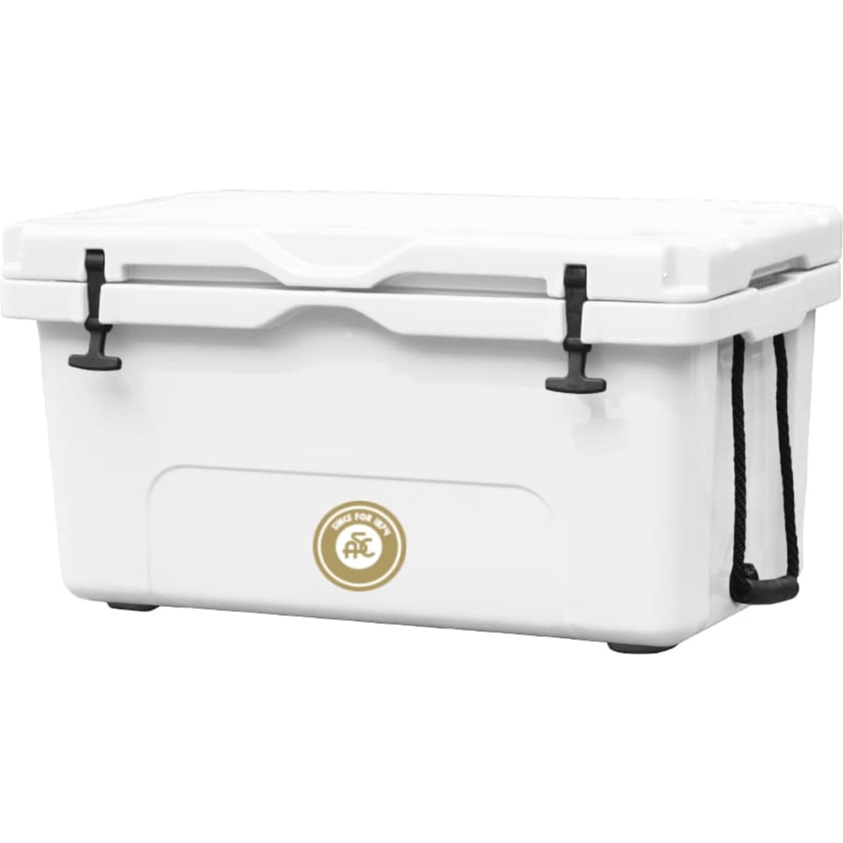 A 65L white cooler box with a logo, featuring a secure lid and handles.