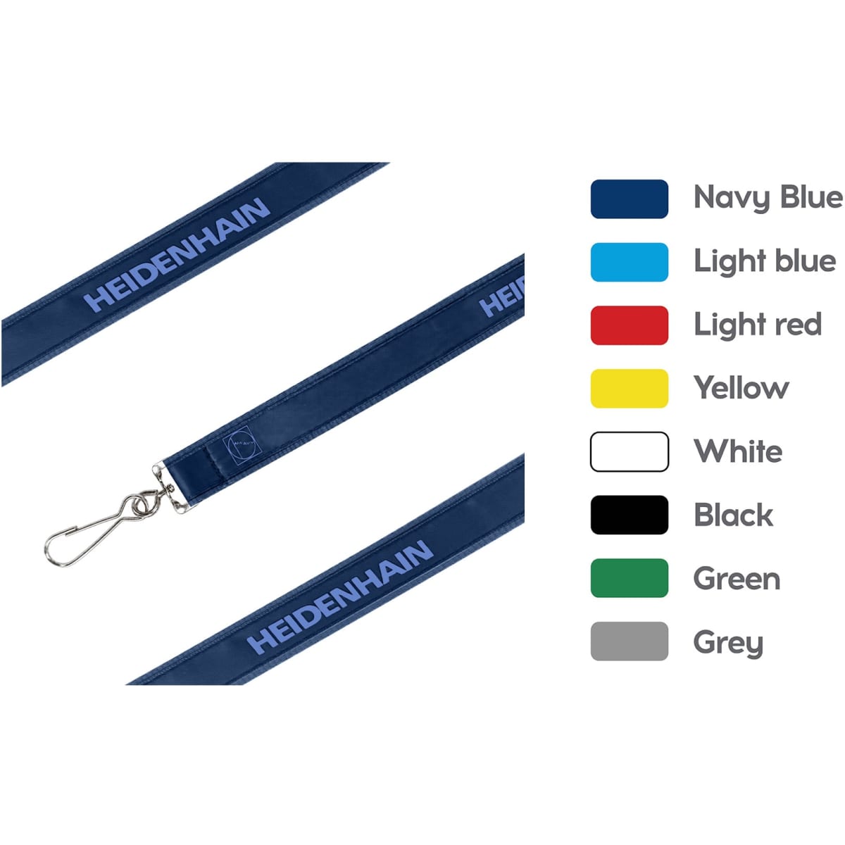 A navy blue poly satin lanyard with a silver clip and a logo. Other colour options include light blue, red, yellow, white, black, green, and grey.