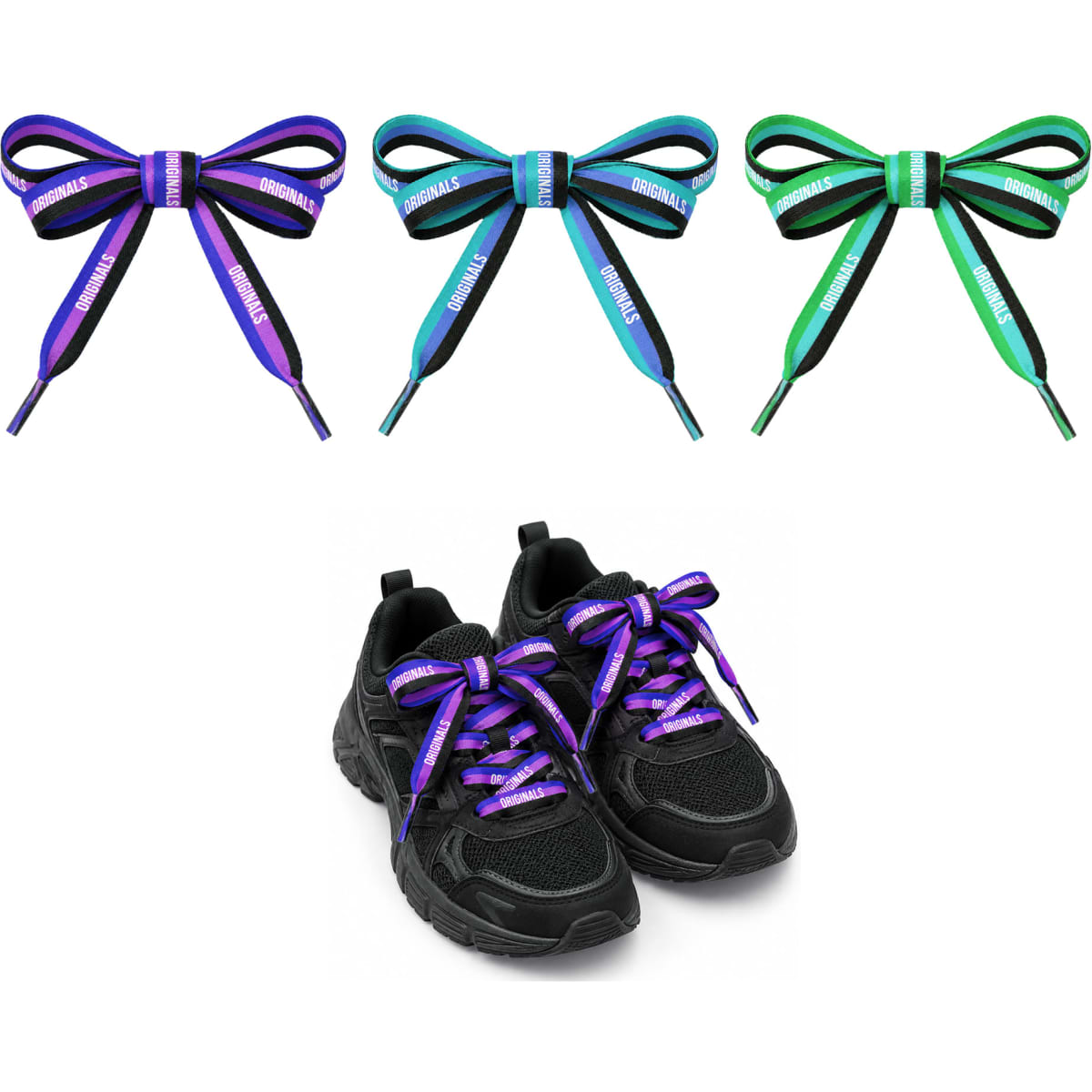 Custom flat shoe laces in purple, blue, and green, styled as bows on black sneakers. The image includes a logo.