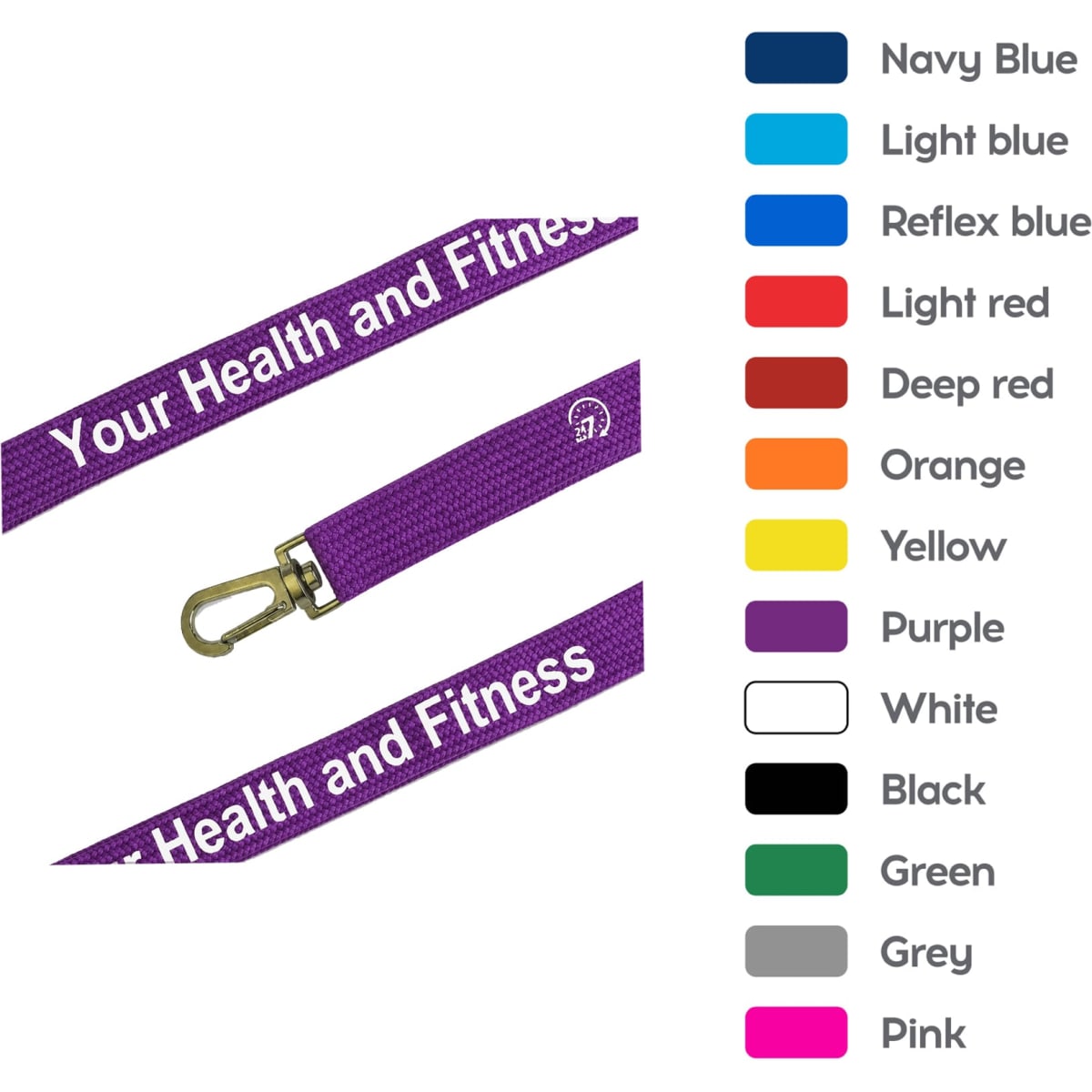 A purple lanyard with a clip and a logo, featuring various colour options displayed alongside it.
