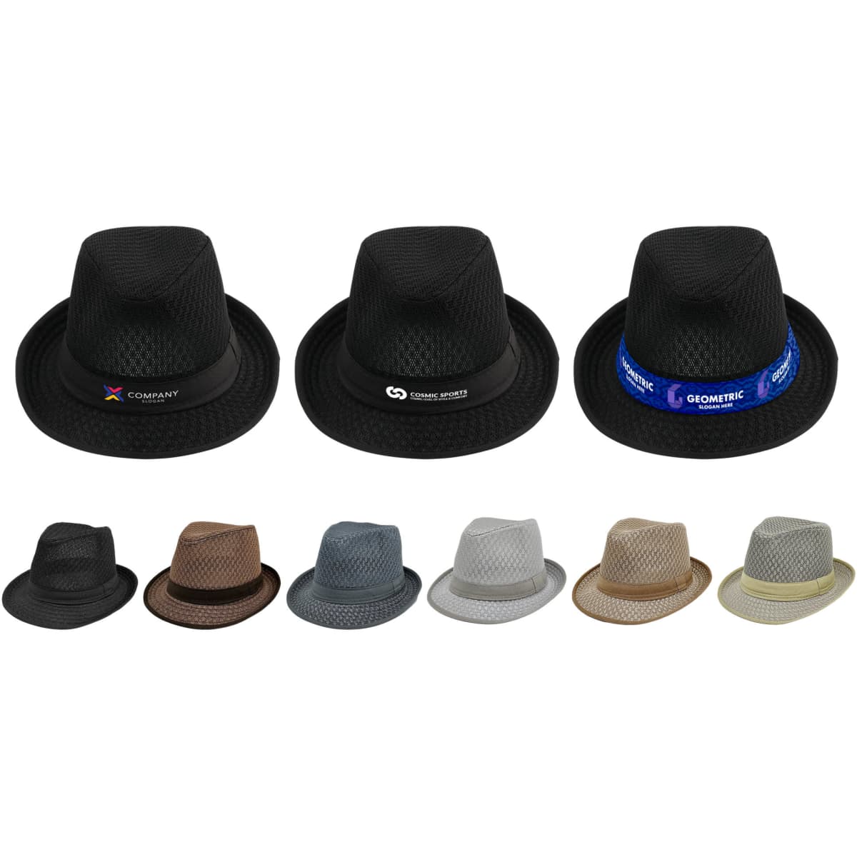 A collection of breathable mesh top hats in various colours, including black, brown, grey, and beige, featuring logos.