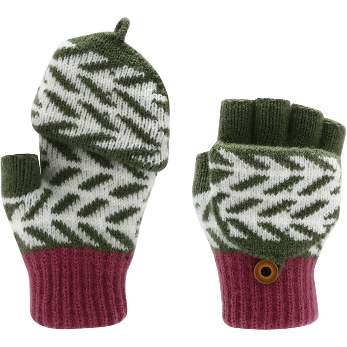 Fingerless gloves in green, white, and maroon jacquard pattern, featuring a flip cover for added warmth.