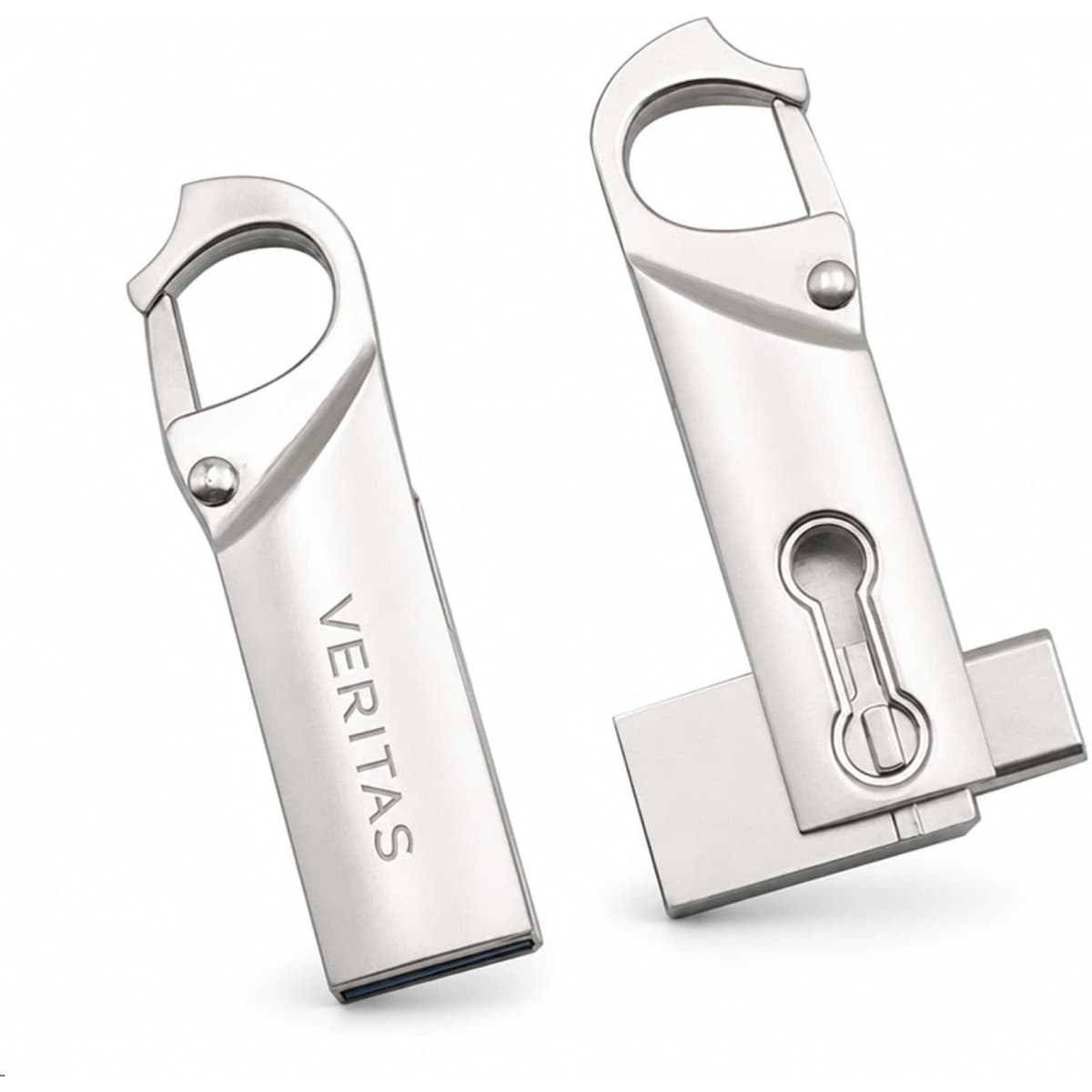 A silver clip lock flash drive with a carabiner-style attachment and a keyhole design. Includes branding.