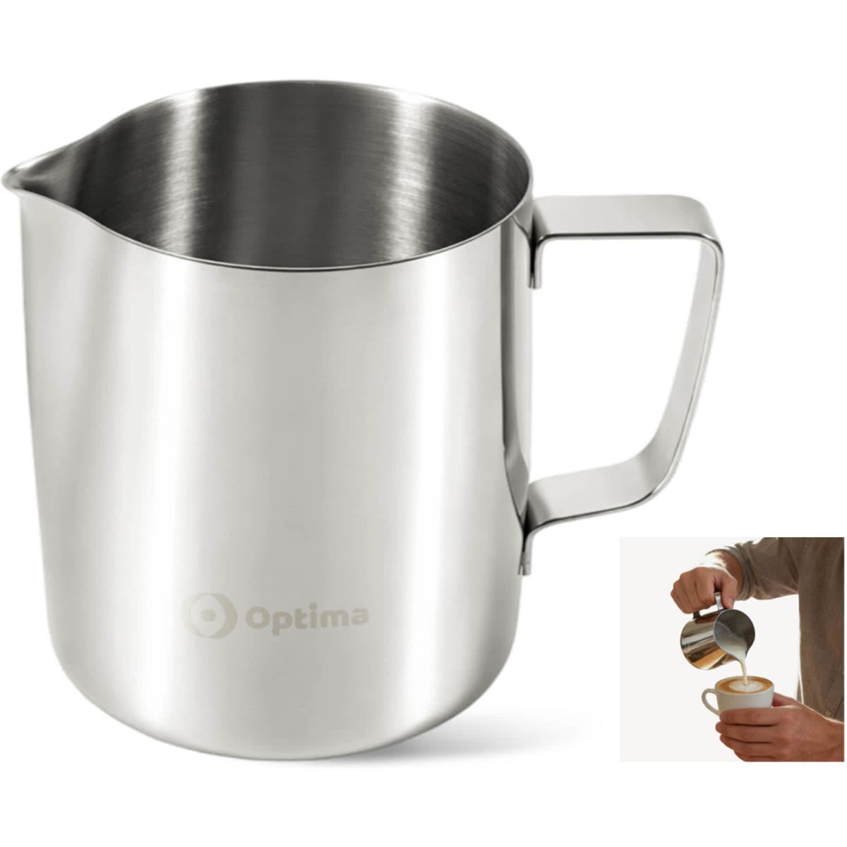 A stainless steel milk frothing pitcher with a spout and handle, featuring a logo.