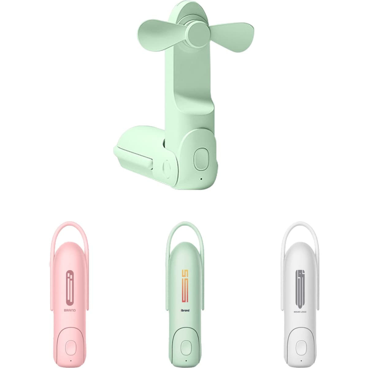 A USB handheld mini fan with a flashlight, available in mint green, pink, and white, featuring a logo.