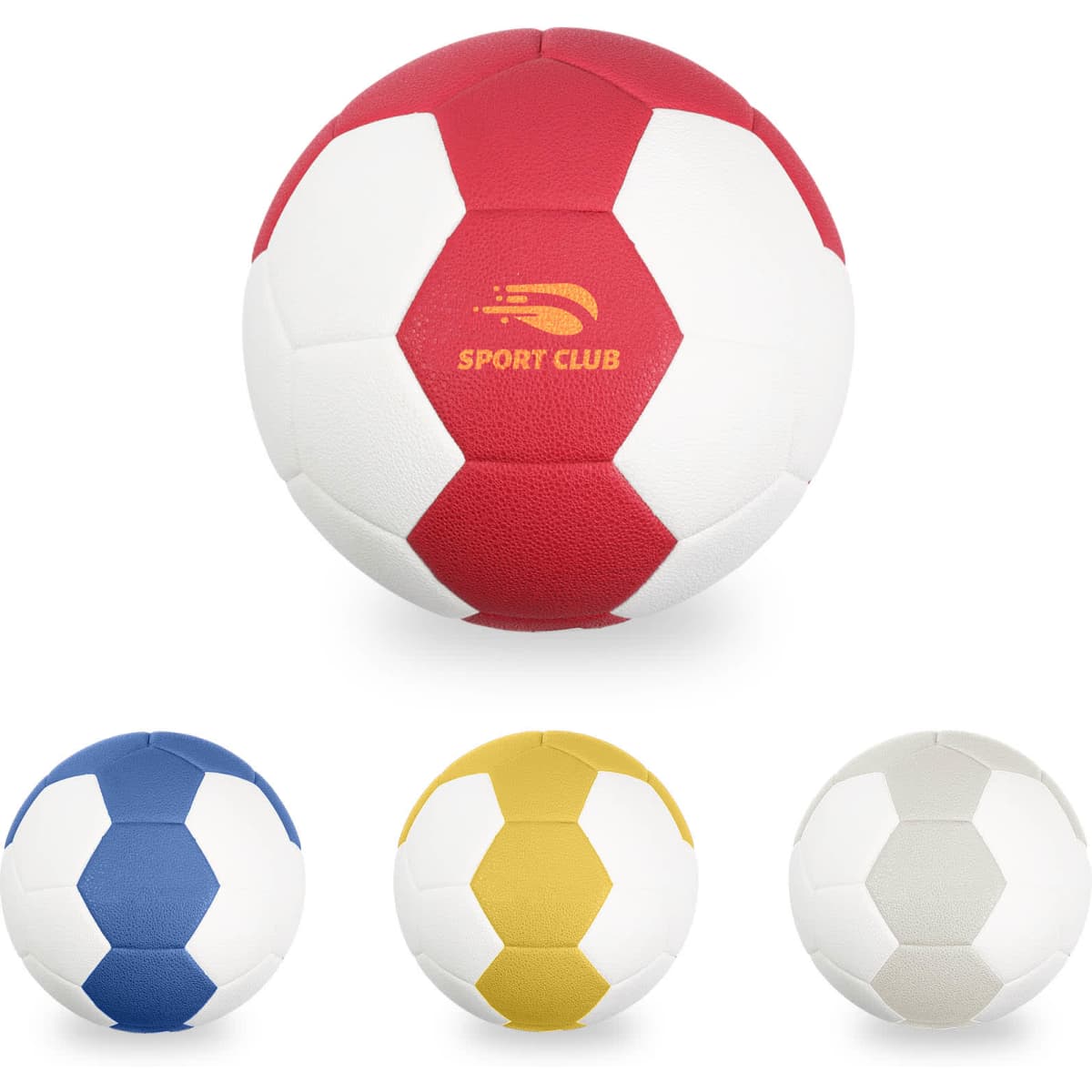 A thermal bonded handball in red and white, alongside blue, yellow, and white variants, each featuring a logo.