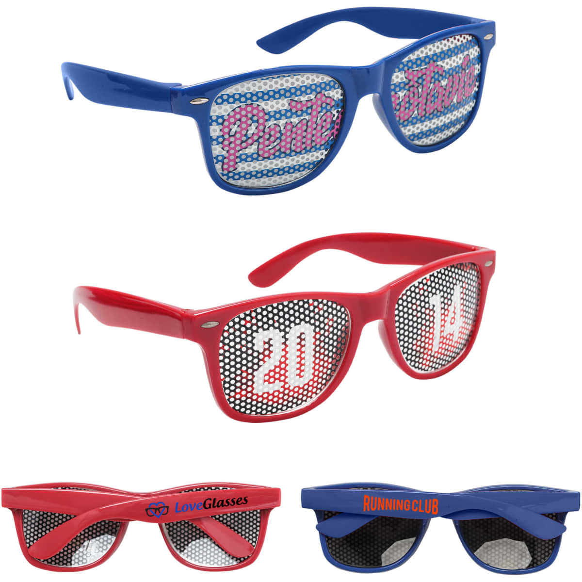 Pinhole sticker sunglasses in blue and red, featuring various designs and a logo on each pair.