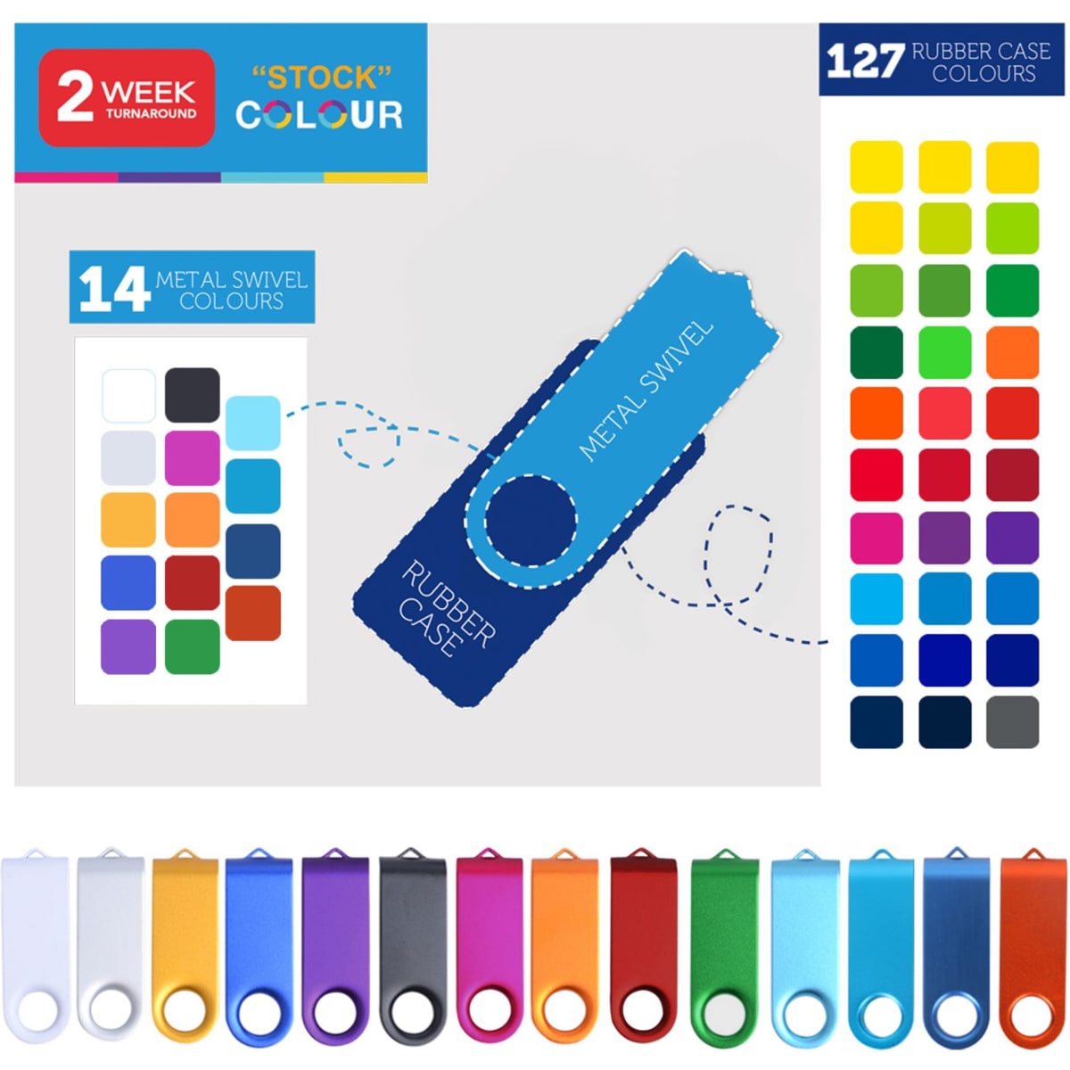 A variety of Belton Swivel Flash Drives in different colours, featuring a metal swivel and rubber casing.
