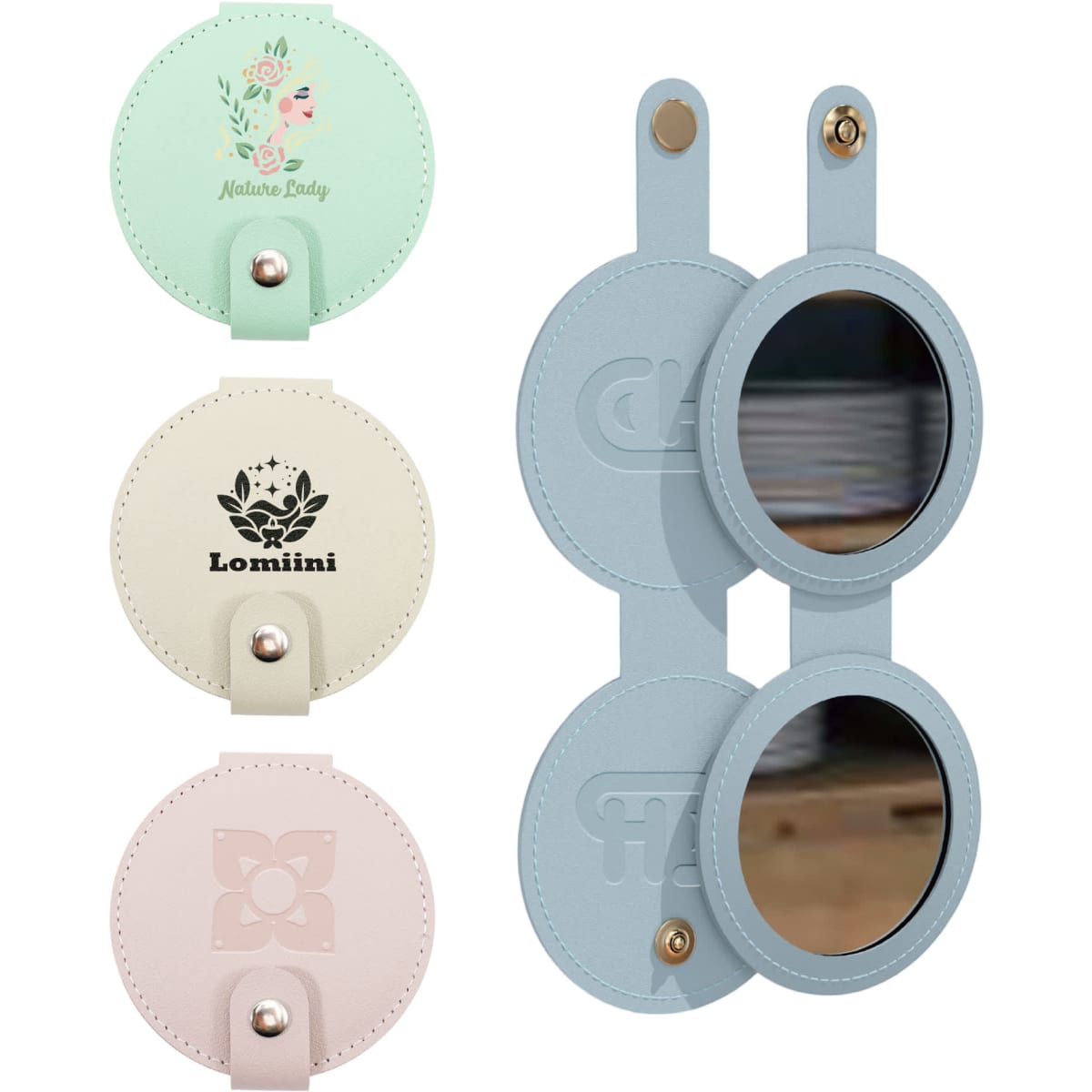 A round folding pocket mirror in pastel colours, featuring a logo on one side and mirrors on both sides.