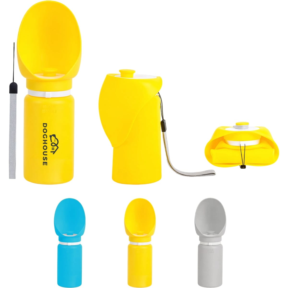 A drink bottle in yellow with a collapsible bowl, featuring a grey and blue variant, and a silver option. It has a logo.