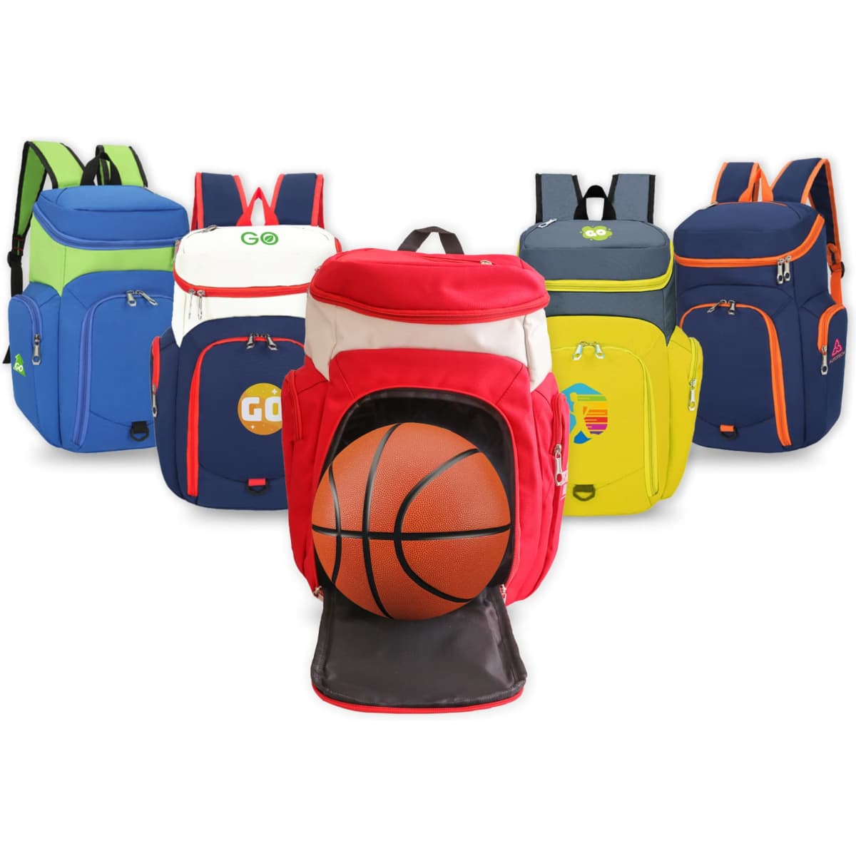A collection of colourful basketball backpacks in red, blue, green, yellow, and white, featuring basketballs in some designs.