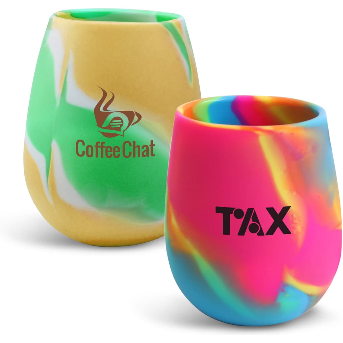 Two egg-shaped silicone cups in vibrant multi-colours, featuring logos on the surface.