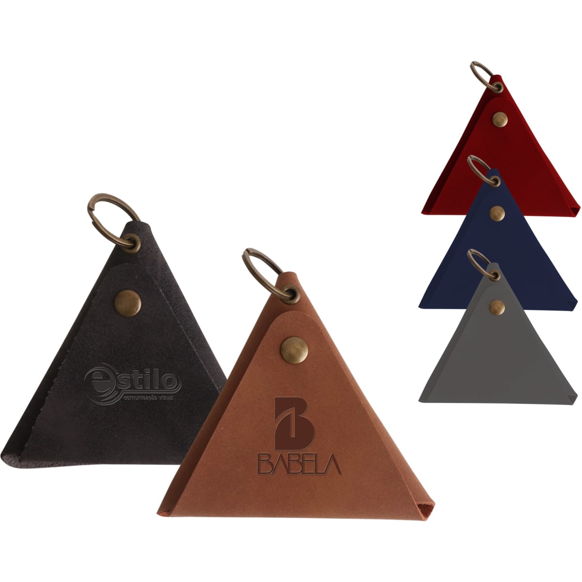 A triangular coin holder in black, brown, grey, navy, and red, featuring a logo and a keyring attachment.