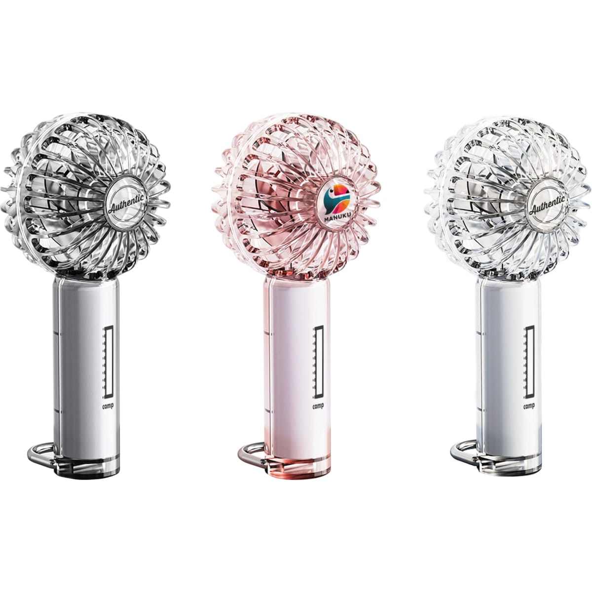 A transparent fan in silver, pink, and clear with a decorative LED light and a logo on the handle.