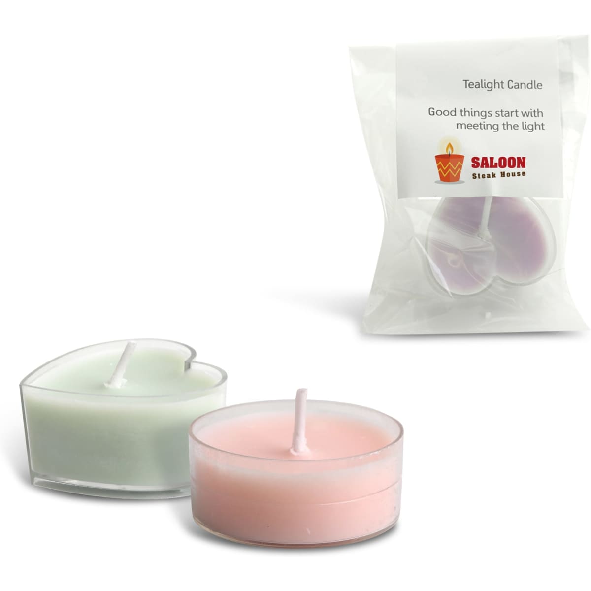 Tealight candles in heart and circular shapes, featuring green and pink hues, packaged in a clear plastic bag.