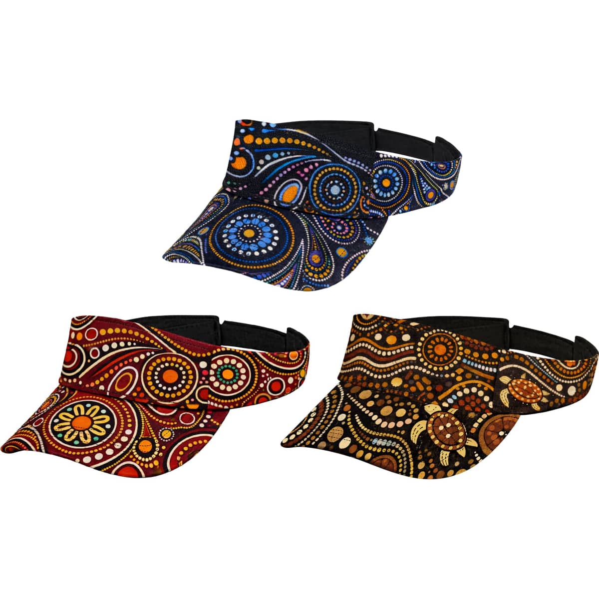 Three visors in various colours featuring intricate Aboriginal-inspired designs, each with a black adjustable strap.