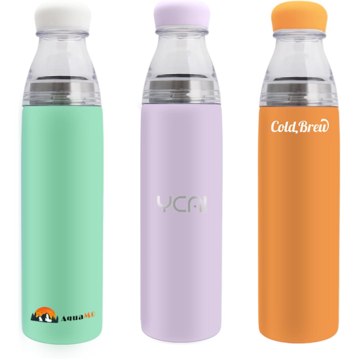 A drink bottle set featuring a mint green, lavender, and orange stainless steel vacuum bottle, each with a logo.